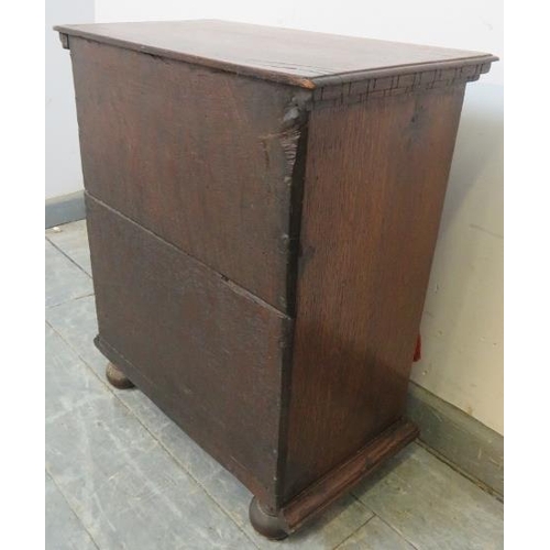 717 - A good 17th century oak spice cupboard, the door with geometric mouldings opening onto a configurati... 