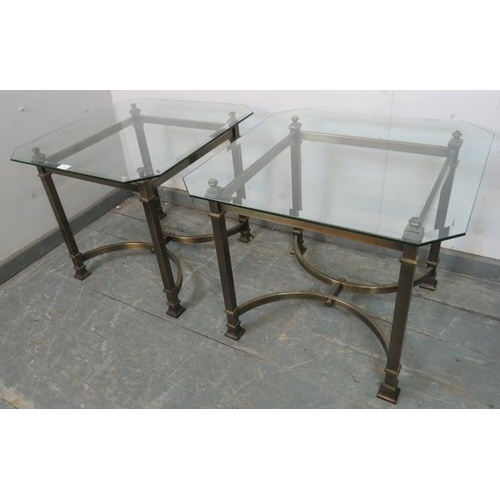 728 - A pair of good quality contemporary square side tables, with bevelled glass tops, on bronzed metal s... 