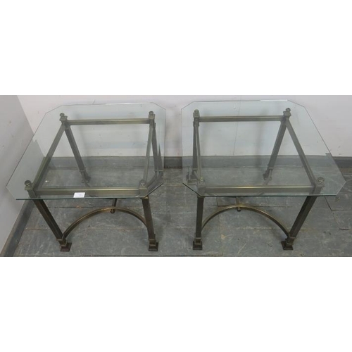 728 - A pair of good quality contemporary square side tables, with bevelled glass tops, on bronzed metal s... 