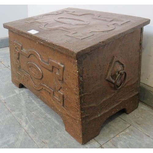 739 - An Arts & Crafts Period copper-covered storage box of casket form, decorated with repousse geometric... 