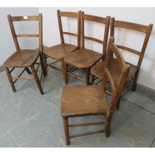 750 - Five antique elm and beech child’s chairs, on tapering supports with double side stretchers and turn... 