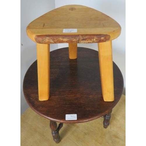 793 - A small sycamore tripod stool, together with a diminutive antique oak table, on turned supports with... 