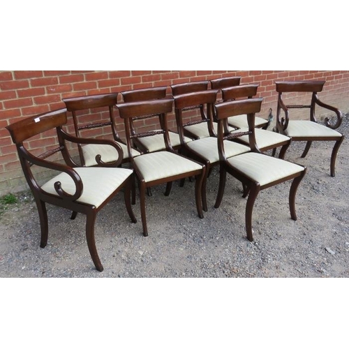 802 - A set of 10 (8+2) mahogany rope back dining chairs in the Regency taste, with drop in seat pads in c... 