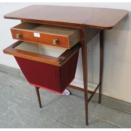 812 - An Edwardian mahogany drop-leaf worktable, strung with satinwood, housing one long drawer with press... 