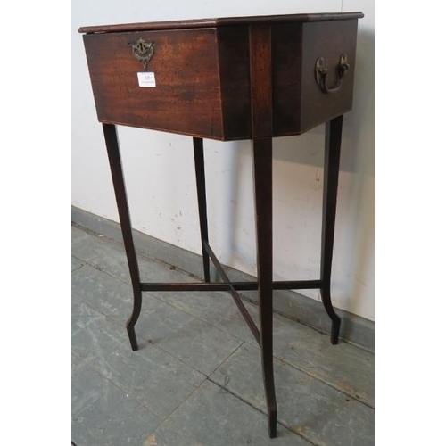 820 - A Georgian mahogany worktable of octagonal form with brass handles to either side, on tapering squar... 