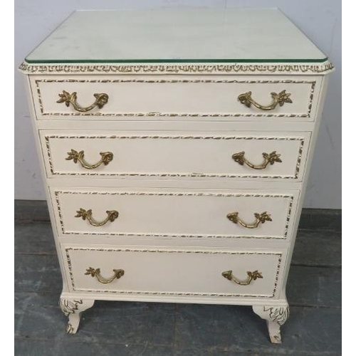 822 - A vintage French Marie Antoinette style bedroom chest, painted cream with gold accents and moulded g... 