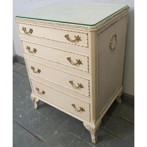 822 - A vintage French Marie Antoinette style bedroom chest, painted cream with gold accents and moulded g... 