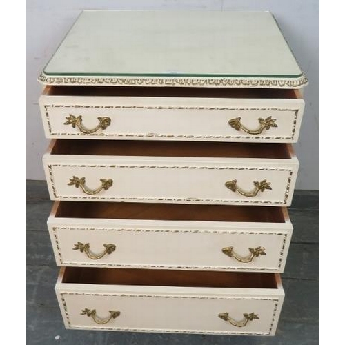 822 - A vintage French Marie Antoinette style bedroom chest, painted cream with gold accents and moulded g... 