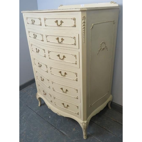 823 - A vintage French Marie Antoinette style tall bedroom chest, painted cream with gold accents and moul... 