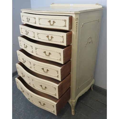 823 - A vintage French Marie Antoinette style tall bedroom chest, painted cream with gold accents and moul... 