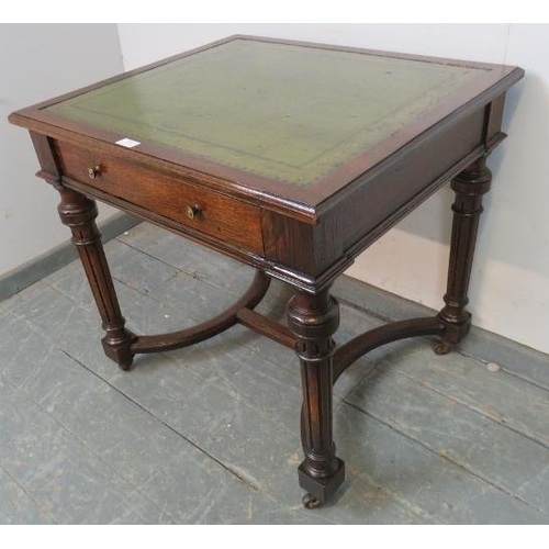 847 - A 19th century oak writing table with inset green leather top, housing one long drawer stamped ‘Gill... 