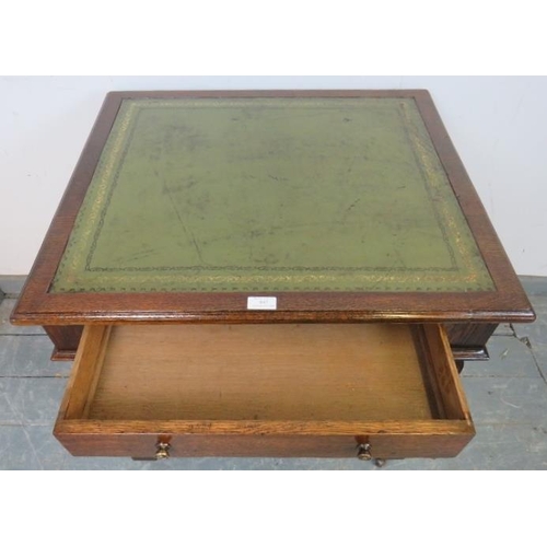 847 - A 19th century oak writing table with inset green leather top, housing one long drawer stamped ‘Gill... 