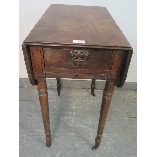 858 - A Georgian mahogany drop-leaf worktable, housing one drawer with pull out slide under, on tapering t... 