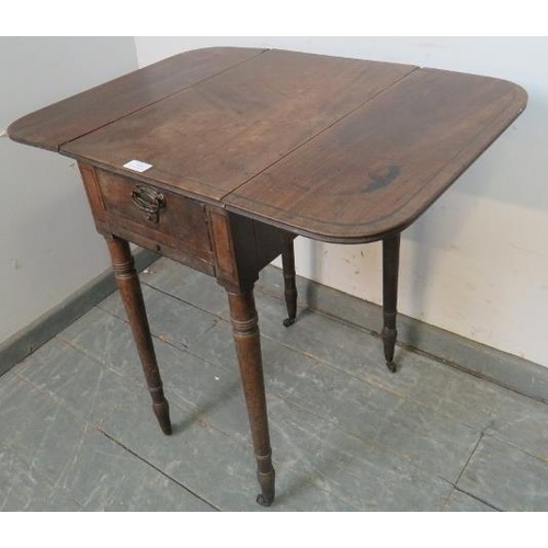 858 - A Georgian mahogany drop-leaf worktable, housing one drawer with pull out slide under, on tapering t... 