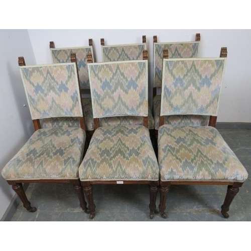 866 - A set of six turn of the century oak dining chairs, reupholstered in contemporary geometric patterne... 