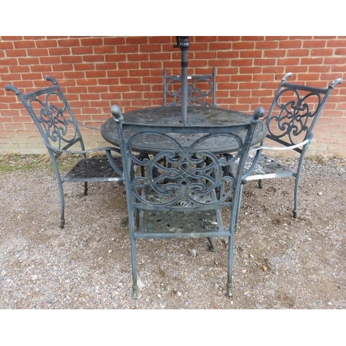 899 - A cast aluminium garden set, comprising a circular table with parasol, and four open-sided armchairs... 