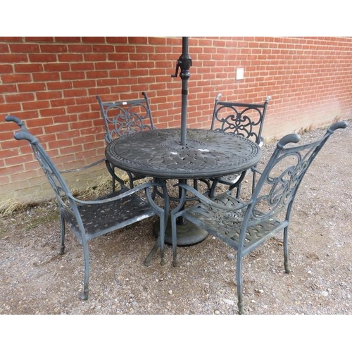 899 - A cast aluminium garden set, comprising a circular table with parasol, and four open-sided armchairs... 