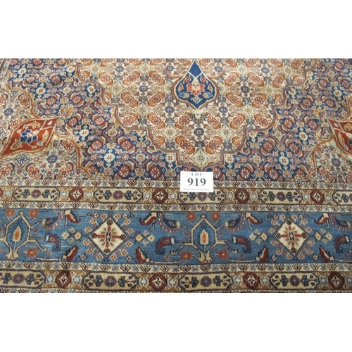 919 - A fine Persian Mood carpet central medallion on tan, blue and orange ground and in good clean condit... 