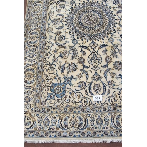 921 - A good Persian fine Nain carpet central round motif blue on cream ground. In very good condition. 31... 