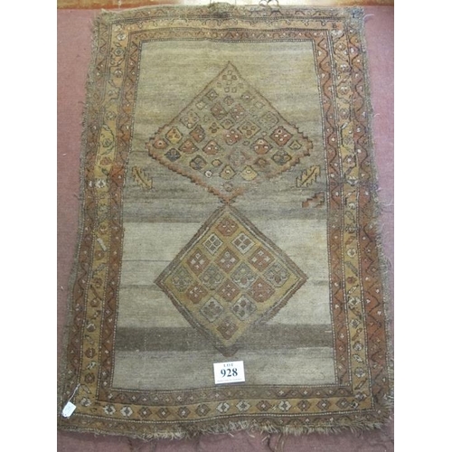 928 - An early-mid 20th century Persian rug, diamond motifs to centre with 3 leaves - edges worn, colour f... 