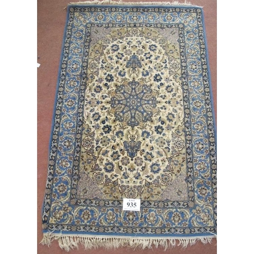 935 - A 20th century part silk Persian rug, cream on light blue, clean rug. 107cm x 177cm max.