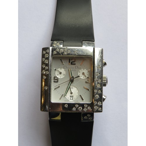 414 - Christian Dior ladies watch 'Riva' stainless steel, set with 43 small diamonds on a black Christian ... 