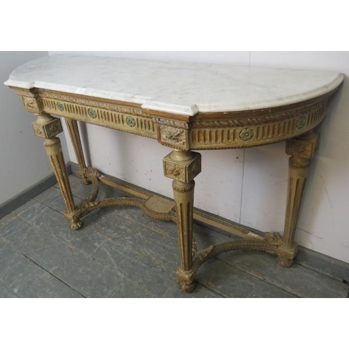 720 - A 19th century Italian marble topped console table, the ornately moulded gesso base painted beige wi... 