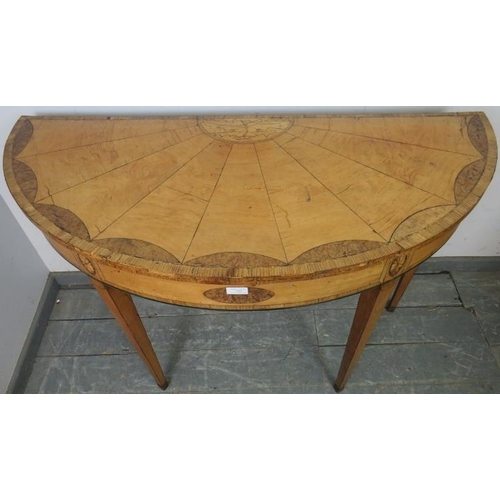742 - An 18th century satinwood demi-lune console table, crossbanded and parquetry strung, having burr wal... 