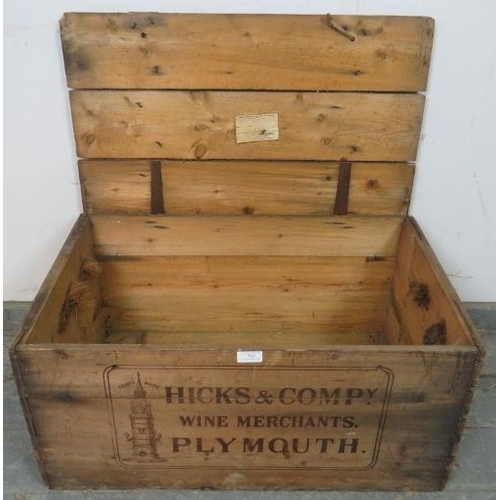 An antique wine crate stamped ‘Hicks & Company Wine Merchants Plymouth