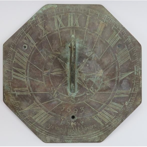 12 - A William and Mary period bronze sundial, late 17th century. The octagonal plate with angular S scro... 