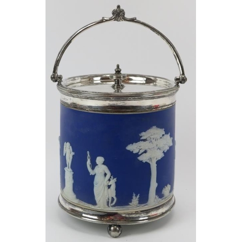 13 - A Wedgwood royal blue and white jasperware swing handled biscuit barrel, late 19th/early 20th centur... 