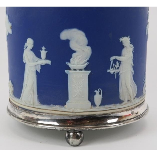 13 - A Wedgwood royal blue and white jasperware swing handled biscuit barrel, late 19th/early 20th centur... 