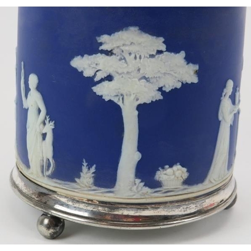 13 - A Wedgwood royal blue and white jasperware swing handled biscuit barrel, late 19th/early 20th centur... 