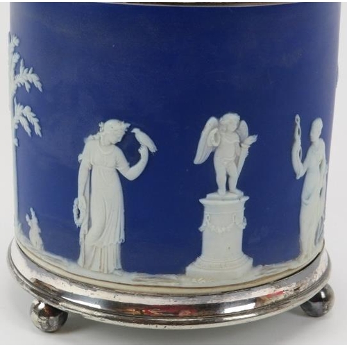 13 - A Wedgwood royal blue and white jasperware swing handled biscuit barrel, late 19th/early 20th centur... 