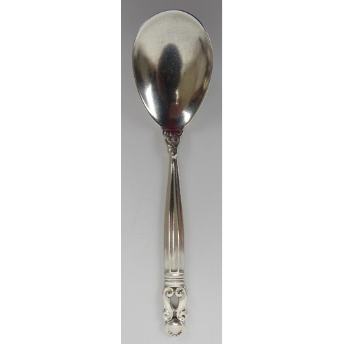 130 - A Georg Jensen Danish sterling silver ‘Acorn’ pattern preserve jam spoon. Mark of Georg Jensen with ... 