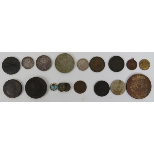 152 - A collection of coins and tokens, 18th century and later. Notable items include two George III cartw... 