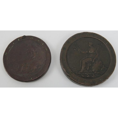 152 - A collection of coins and tokens, 18th century and later. Notable items include two George III cartw... 