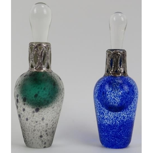 177 - Two Britannia silver mounted mottled green and blue glass scent perfume bottles with stoppers, late ... 