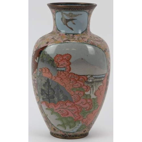 18 - A Japanese cloisonné enamelled vase, late Meiji period. Of ovoid form with figural and mountainous l... 