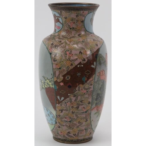 18 - A Japanese cloisonné enamelled vase, late Meiji period. Of ovoid form with figural and mountainous l... 