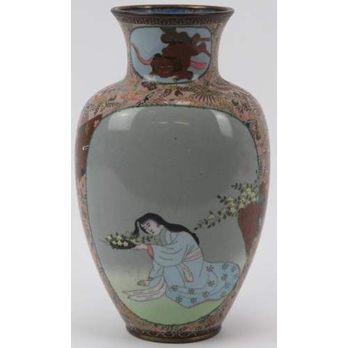 18 - A Japanese cloisonné enamelled vase, late Meiji period. Of ovoid form with figural and mountainous l... 