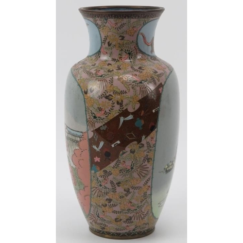 18 - A Japanese cloisonné enamelled vase, late Meiji period. Of ovoid form with figural and mountainous l... 