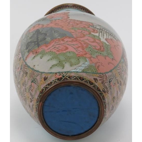 18 - A Japanese cloisonné enamelled vase, late Meiji period. Of ovoid form with figural and mountainous l... 