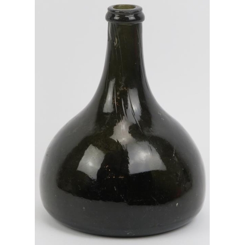 22 - A Georgian dark green glass wine bottle, 18th/19th century. Of onion mallet form with a moulded J&B ... 