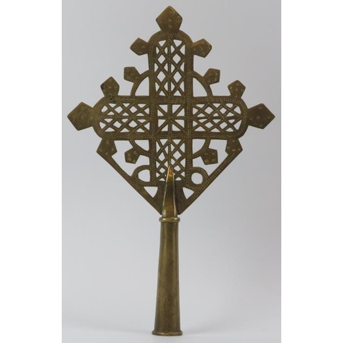 38 - A large Ethiopian Coptic Orthodox Christian processional brass cross, probably 19th century. Support... 