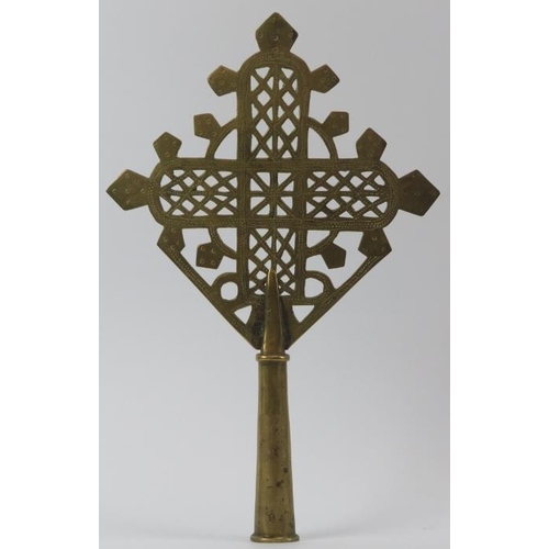 38 - A large Ethiopian Coptic Orthodox Christian processional brass cross, probably 19th century. Support... 