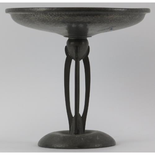 41 - An Arts & Crafts spot hammered pewter tazza. Marked ‘Hutton Sheffield  - English Pewter’. 24 cm heig... 