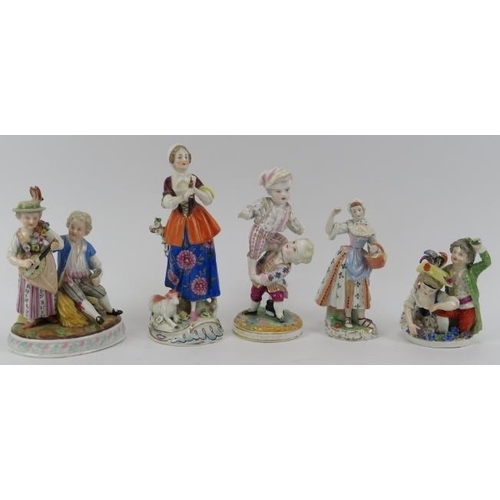 49 - A group of five German porcelain figurines, 19th/20th century. (5 items) 19 cm tallest height. 
Cond... 