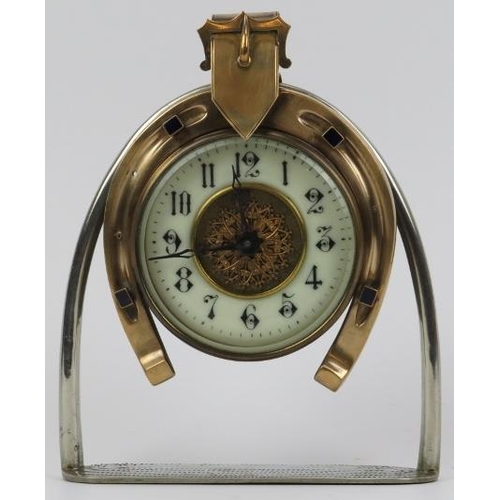 56 - A novelty equestrian parcel gilt brass and white metal horseshoe clock, late 19th/early 20th century... 