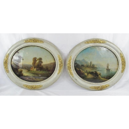 568 - Continental School (19th Century) - a pair of reverse glass paintings depicting a river landscape an... 